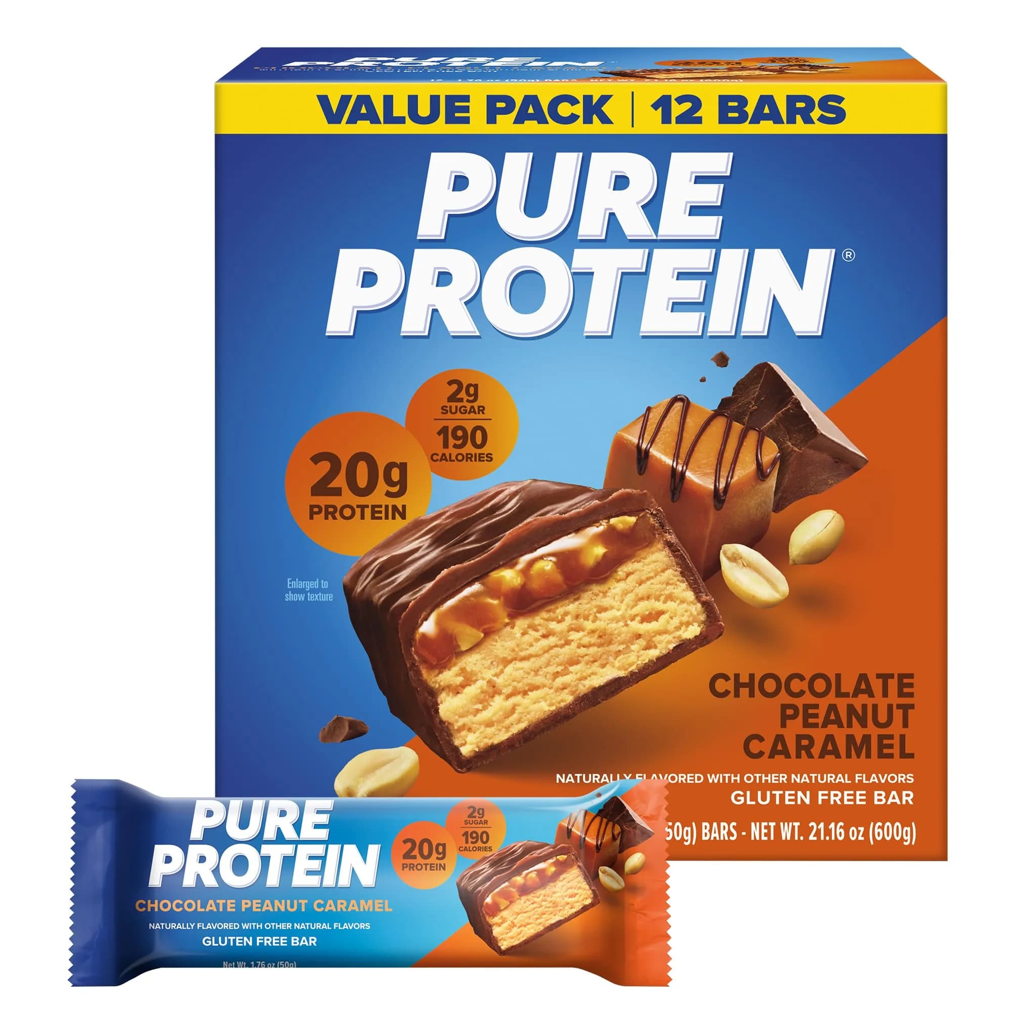 Pure Protein Chocolate Deluxe Protein Bars 21g Protein 12 Count | Gluten Free Snack for Fitness Goals — Chocolate Peanut Caramel