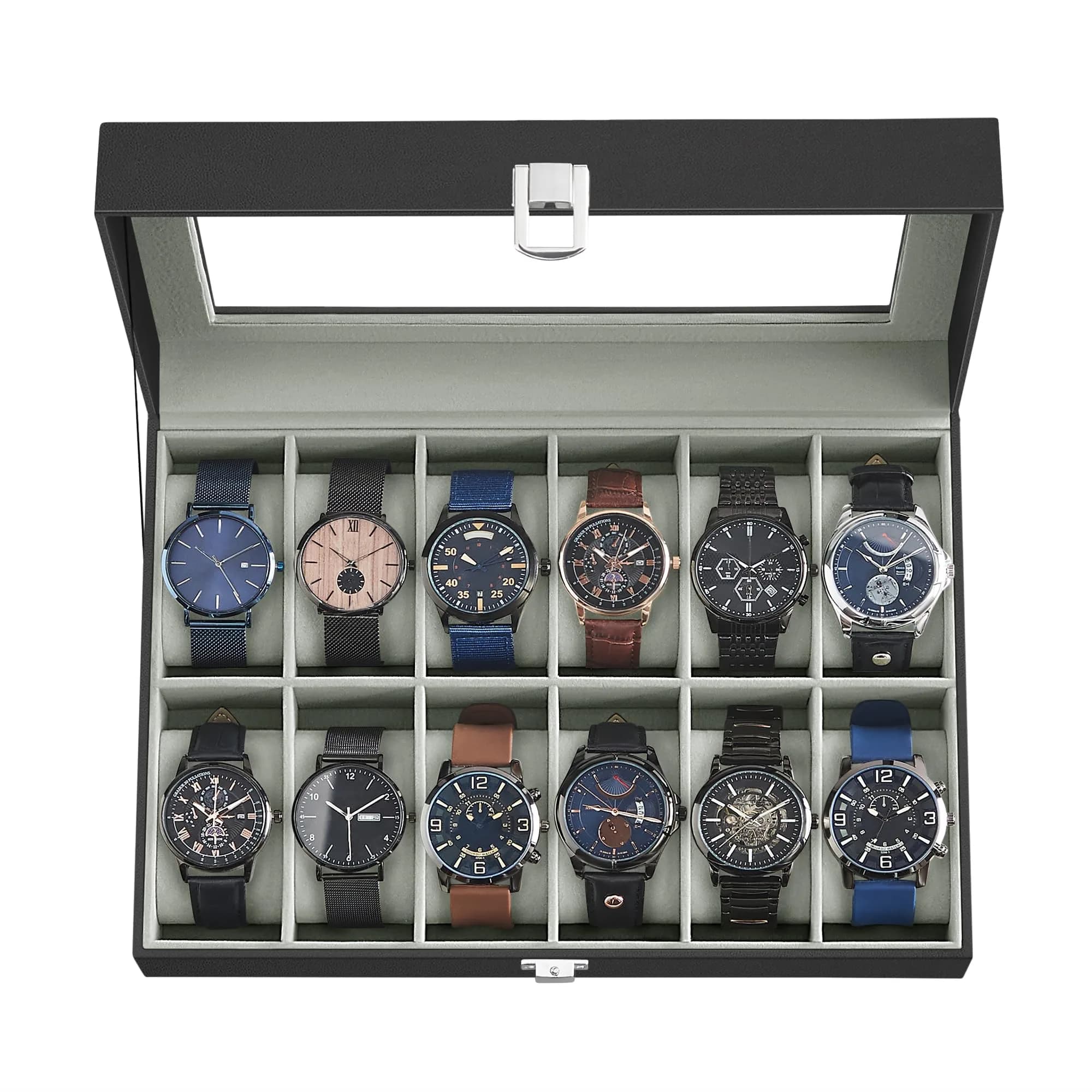 SONGMICS 12-Slot Watch Box Organizer with Glass Lid & Removable Pillows, Black Synthetic Leather, 32cm (12.6in) x 22.8cm (9in) x 12.4cm (4.9in)