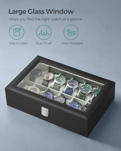 SONGMICS 12-Slot Watch Box Organizer with Glass Lid & Removable Pillows, Black Synthetic Leather, 32cm (12.6in) x 22.8cm (9in) x 12.4cm (4.9in) thumbnail 4