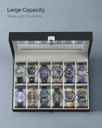 SONGMICS 12-Slot Watch Box Organizer with Glass Lid & Removable Pillows, Black Synthetic Leather, 32cm (12.6in) x 22.8cm (9in) x 12.4cm (4.9in) thumbnail 5