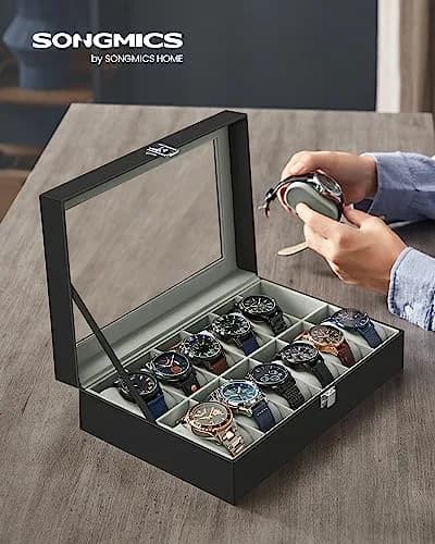 SONGMICS 12-Slot Watch Box Organizer with Glass Lid & Removable Pillows, Black Synthetic Leather, 32cm (12.6in) x 22.8cm (9in) x 12.4cm (4.9in) thumbnail 2