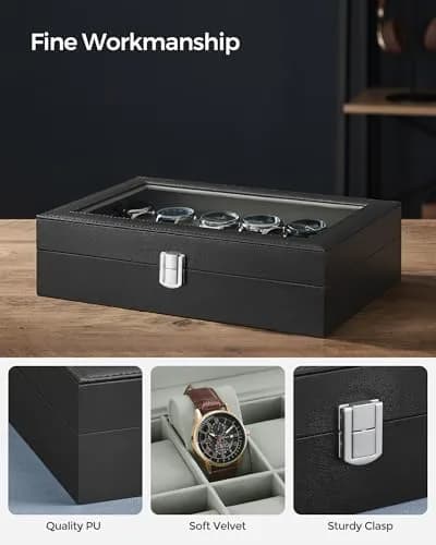 SONGMICS 12-Slot Watch Box Organizer with Glass Lid & Removable Pillows, Black Synthetic Leather, 32cm (12.6in) x 22.8cm (9in) x 12.4cm (4.9in) thumbnail 3