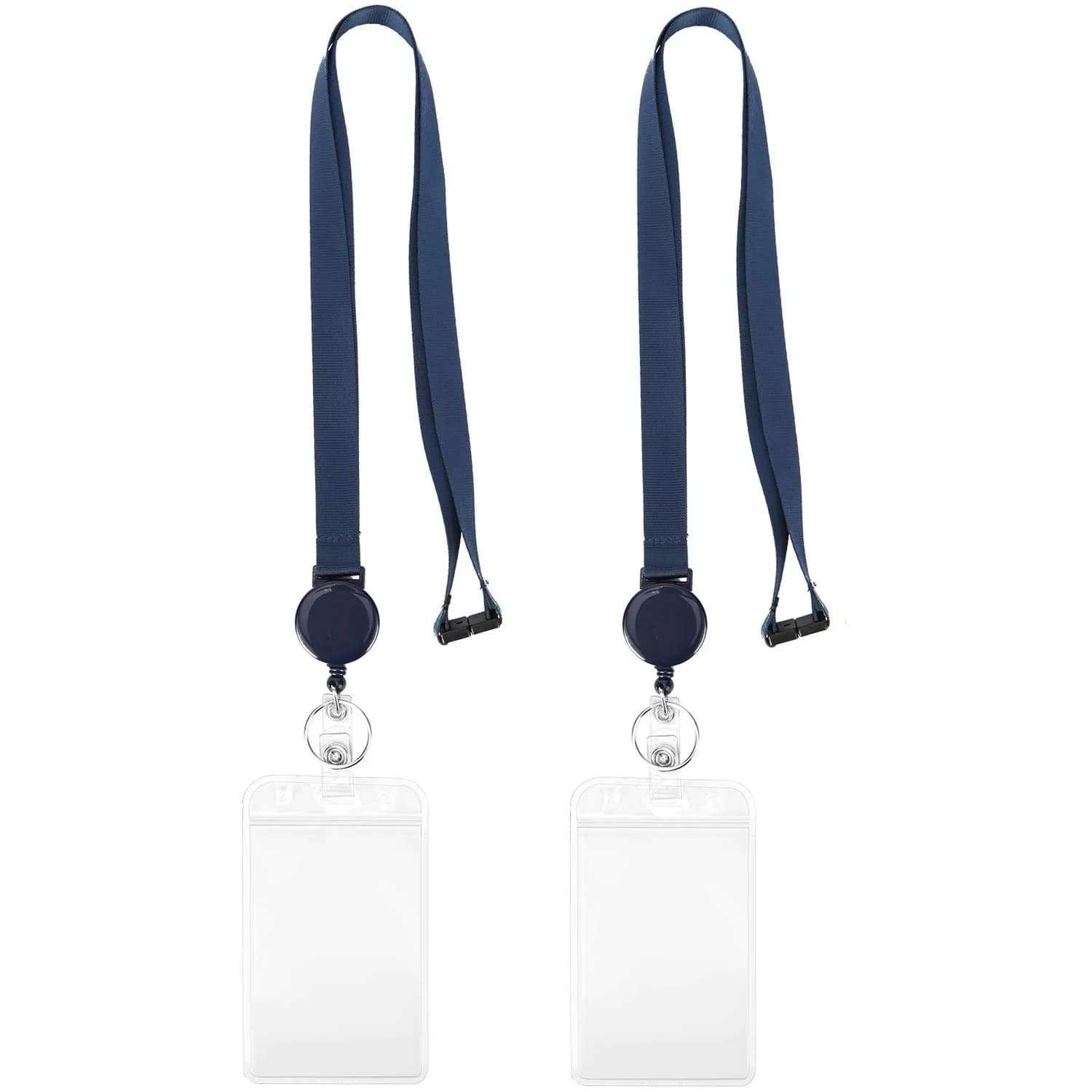 YOUOWO Retractable Badge Reel with Lanyard and Vertical ID Holder (2-Pack, Black) | Holds ID Cards, Keys, and More — Navy Blue