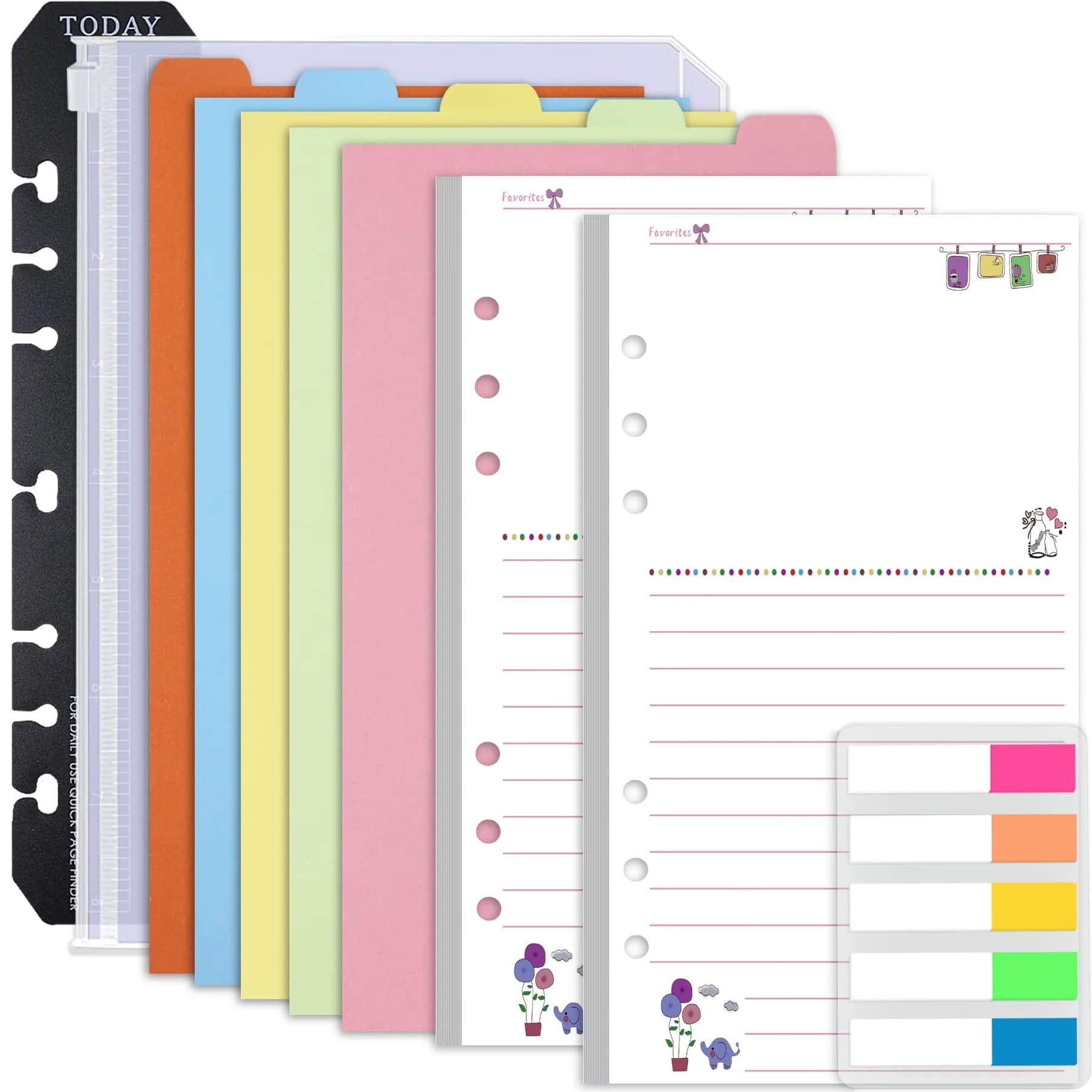 Rancco A6 Planner Inserts Lined Paper, Colorful 90 Page 6-Ring Memo Refill, Double-sided, 6.9x3.7" | Refillable Planner Paper for Office & School