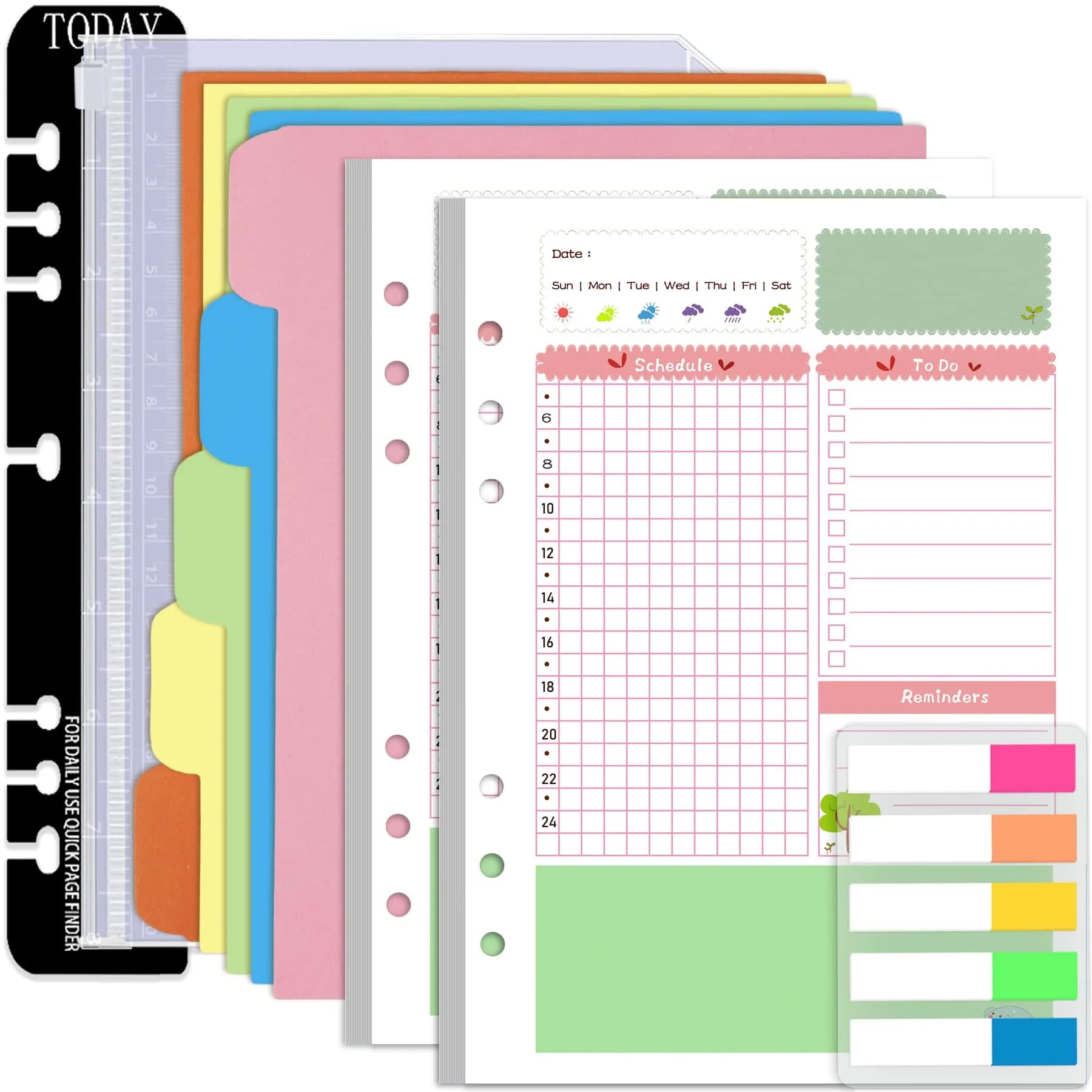 Rancco A5 Planner Inserts Daily Refills 90 Pages Colorful 6-Ring Loose-leaf Binder | Undated, PVC Pouch, Divider, Ruler