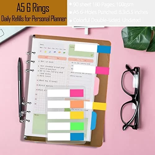 Rancco A5 Planner Inserts Daily Refills 90 Pages Colorful 6-Ring Loose-leaf Binder | Undated, PVC Pouch, Divider, Ruler thumbnail 4