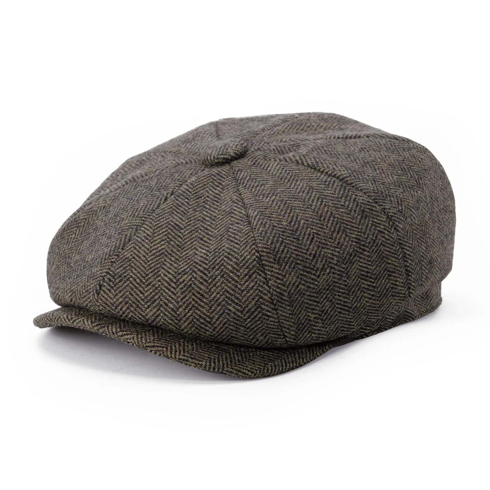 BOTVELA Men's 8 Panel Wool Blend Newsboy Flat Cap Black 59cm (7 3/8) | Classic Herringbone Tweed Style — Khaki / 7 3/8