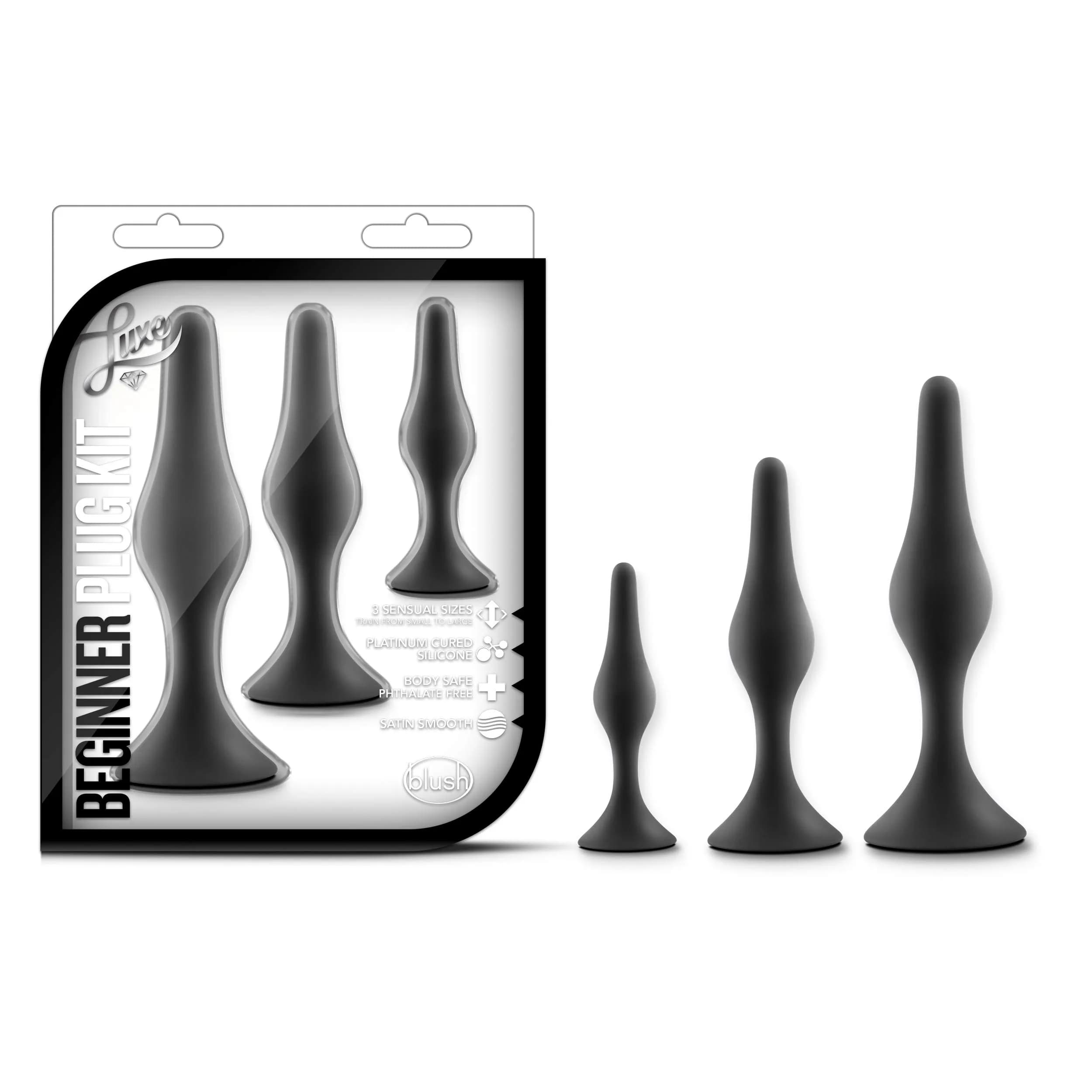 Blush Novelties Luxe Silicone Butt Plug Kit - Anal Training Set for Beginners & Advanced Users - Soft, Tapered Heads - Satin Smooth - Suction Cup Base - Pleasurable Sex Toys for Women Men Couple - Black