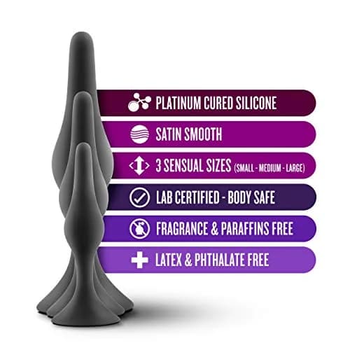 Blush Novelties Luxe Silicone Butt Plug Kit - Anal Training Set for Beginners & Advanced Users - Soft, Tapered Heads - Satin Smooth - Suction Cup Base - Pleasurable Sex Toys for Women Men Couple - Black thumbnail 2