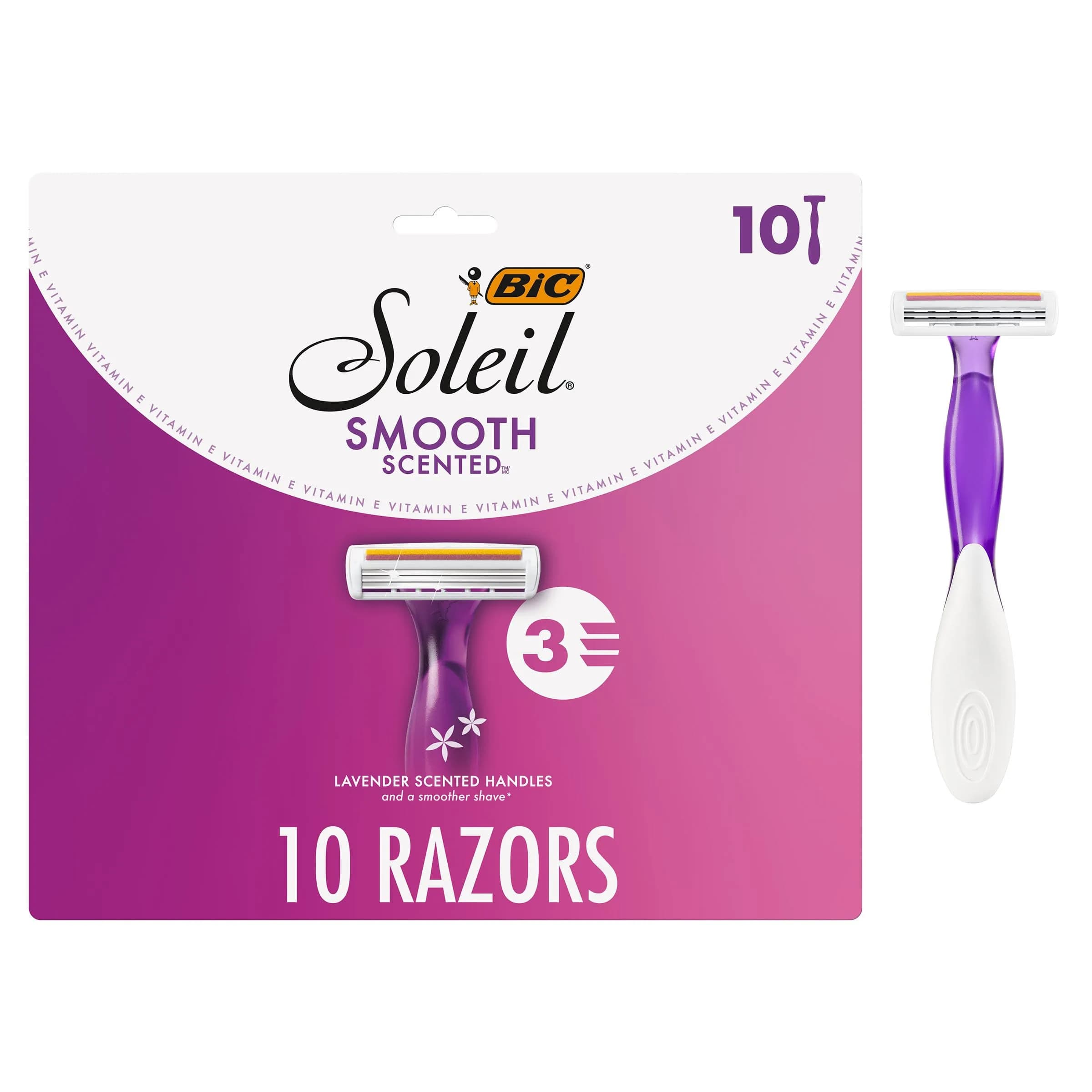 BIC Soleil 3 Disposable Razor for Women, 10 Count | 3-Blade Close Shave, Lavender Scented, Vitamin E Strip