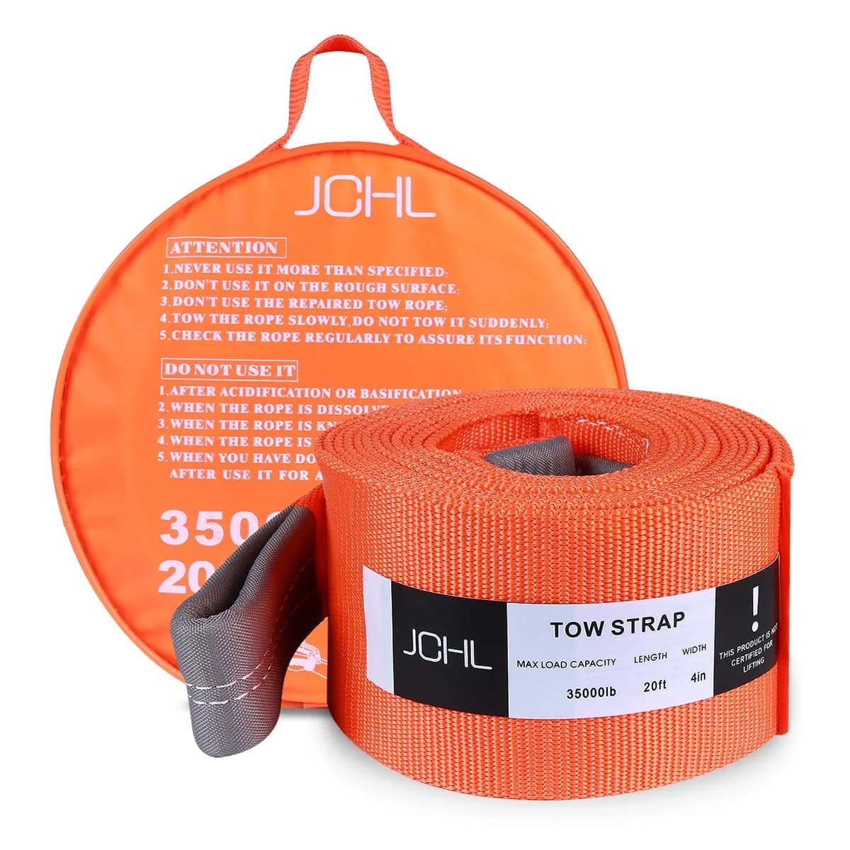 JCHL Nylon Tow Strap with Hooks 2"x20’ (6.1m) — 9072 kg (20,000 lbs) Capacity | Heavy Duty Recovery Rope for Cars, Trucks, SUVs — 4"x20ft Tow Strap