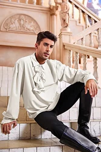 Runcati Mens Pirate Shirt Ruffle Victorian Renaissance Medieval Poet Shirts | Medieval Pirate Costume, Long Sleeve, Breathable Rayon thumbnail 2