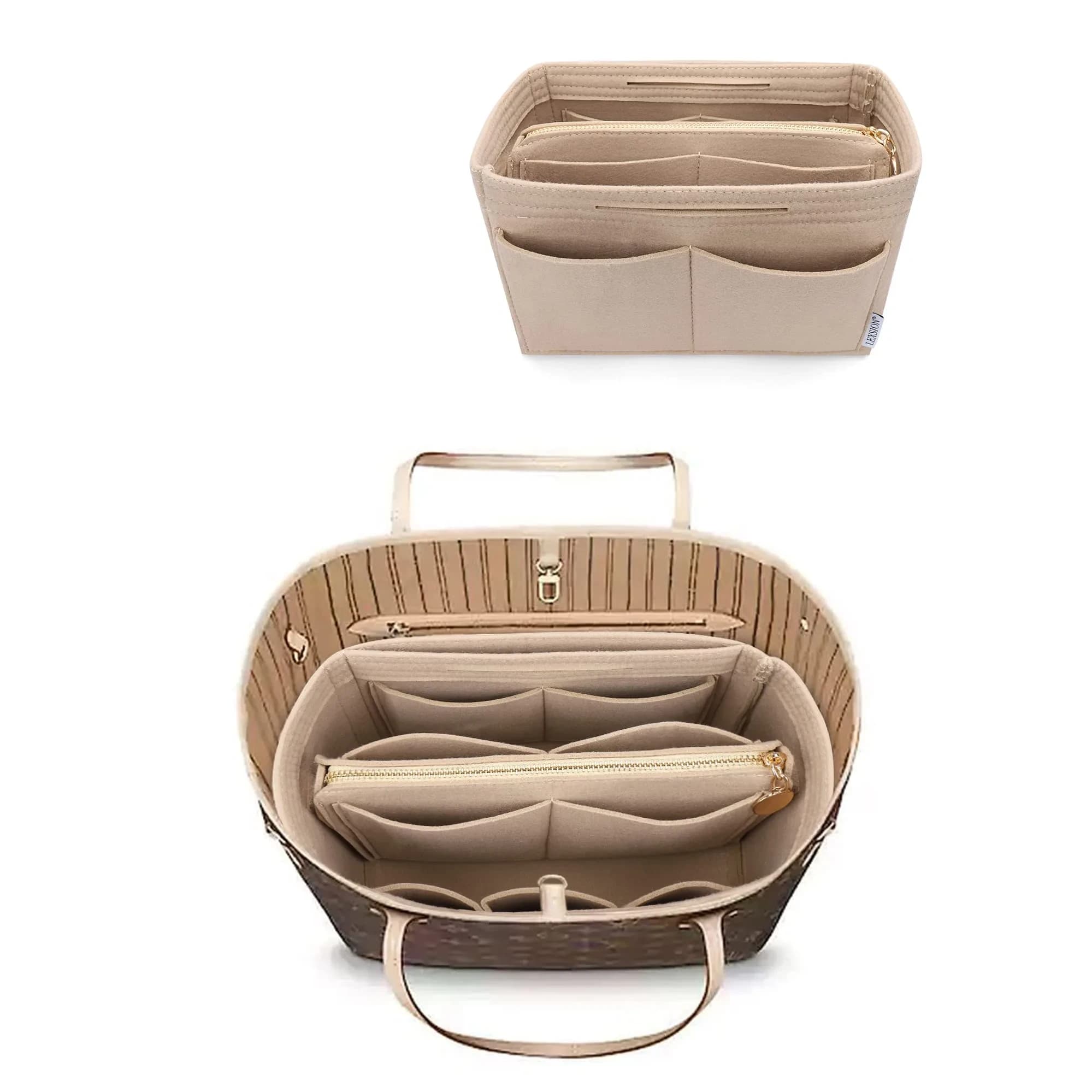 LEXSION Felt Purse Bag Organizer Insert with Zipper, Beige XL | Keeps Handbags Shipshape - main product image