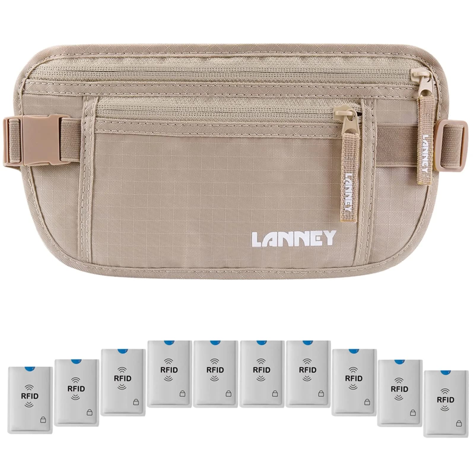 LANNEY RFID Blocking Money Belt with 10 Bonus Card Sleeves | 10.2 inch (25.9 cm) Length, Silver Gray — Beige