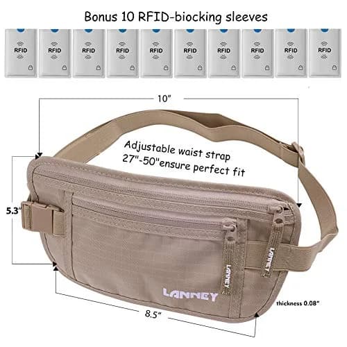 LANNEY Slim RFID Blocking Money Belt with 10 RFID Sleeves | Hidden Travel Pouch for Passport, Cash, Cards thumbnail 6