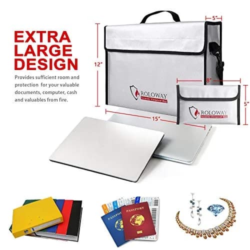 ROLOWAY Fireproof Document & Money Bag 38cm (15" x 12" x 5") | Water Resistant & Easy-Carry thumbnail 2