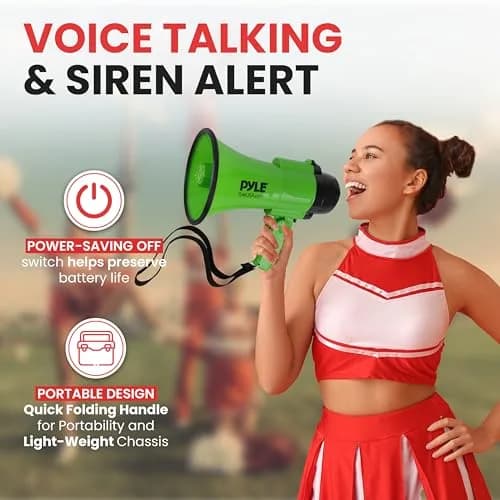 Pyle Compact Battery-Operated Megaphone with Siren - 30W Power, 25cm (10") | Green Bullhorn for Cheerleading & Police Use thumbnail 2