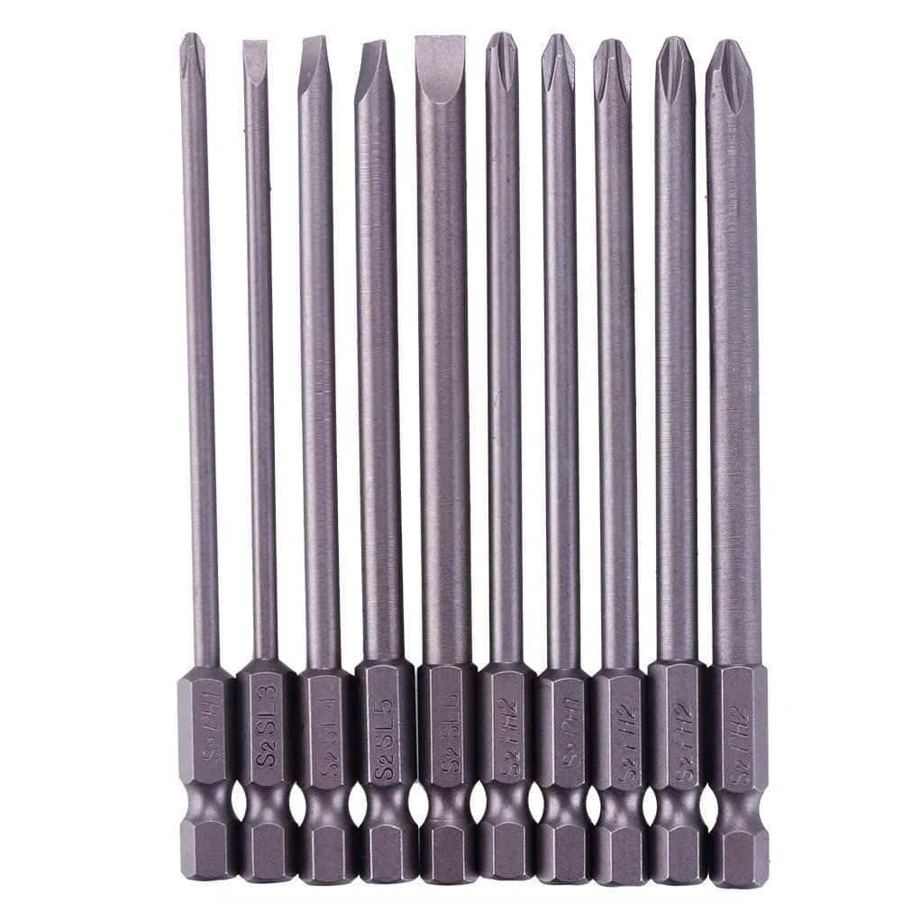 Rocaris 100mm (3.93") Long Magnetic Screwdriver Bits Set | S2 Steel, 1/4" Hex Shank, 10-Piece - main product image