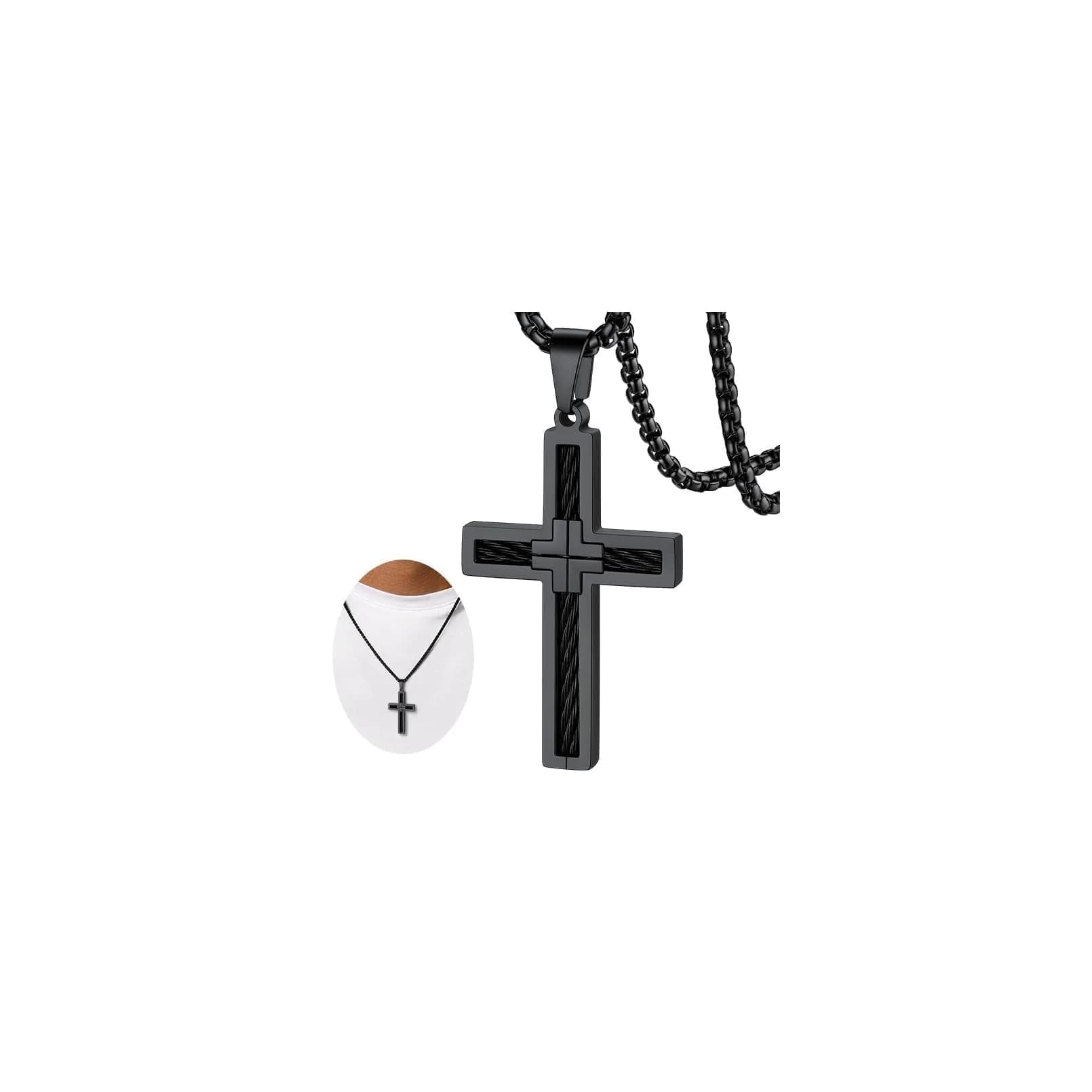 FaithHeart Cross Necklace for Men, Stainless Steel Pendant with Box Chain | Faith & Strength (70-120 chars) - main product image
