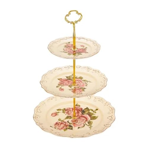 YOLIFE 3 Tiered CupCake Stand, 6-8-10 inch Pink Rose Pattern | Elegant Ceramic Dessert Display thumbnail 1