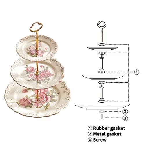 YOLIFE 3 Tiered CupCake Stand, 6-8-10 inch Pink Rose Pattern | Elegant Ceramic Dessert Display thumbnail 5