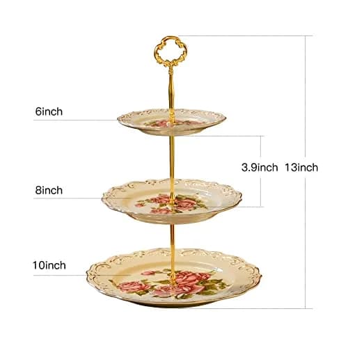 YOLIFE 3 Tiered CupCake Stand, 6-8-10 inch Pink Rose Pattern | Elegant Ceramic Dessert Display thumbnail 2