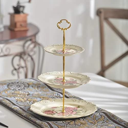 YOLIFE 3 Tiered CupCake Stand, 6-8-10 inch Pink Rose Pattern | Elegant Ceramic Dessert Display thumbnail 3