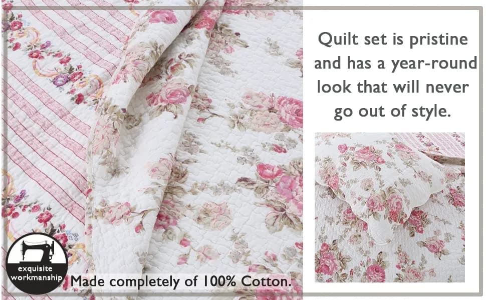 Cozy Line Home Fashions Romantic Pink Peony Floral 100% Cotton Reversible Quilt Bedding Set, Coverlet, Bedspread (Pink Peony, Queen - 3 Piece) thumbnail 7