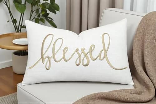 EURASIA DECOR Blessed Embroidered Lumbar Pillow Cover 12x20, Ivory | Faith Gift with Gold Embroidery thumbnail 2