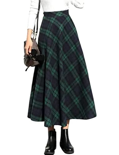 IDEALSANXUN Green Plaid Skirt Women Fall Winter High Waisted Long Maxi Skirts, Green XL | Wool & Polyester, Classic A-line thumbnail 1