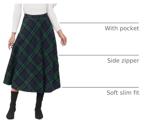 IDEALSANXUN Green Plaid Skirt Women Fall Winter High Waisted Long Maxi Skirts, Green XL | Wool & Polyester, Classic A-line thumbnail 4