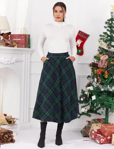 IDEALSANXUN Green Plaid Skirt Women Fall Winter High Waisted Long Maxi Skirts, Green XL | Wool & Polyester, Classic A-line thumbnail 5