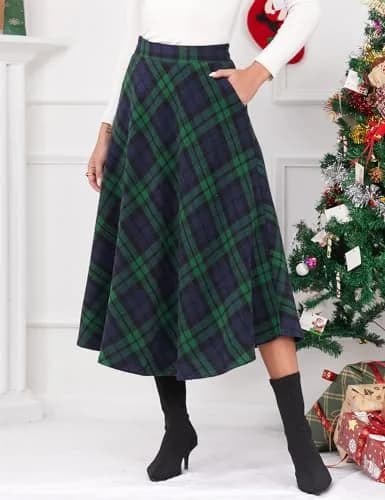 IDEALSANXUN Green Plaid Skirt Women Fall Winter High Waisted Long Maxi Skirts, Green XL | Wool & Polyester, Classic A-line thumbnail 3