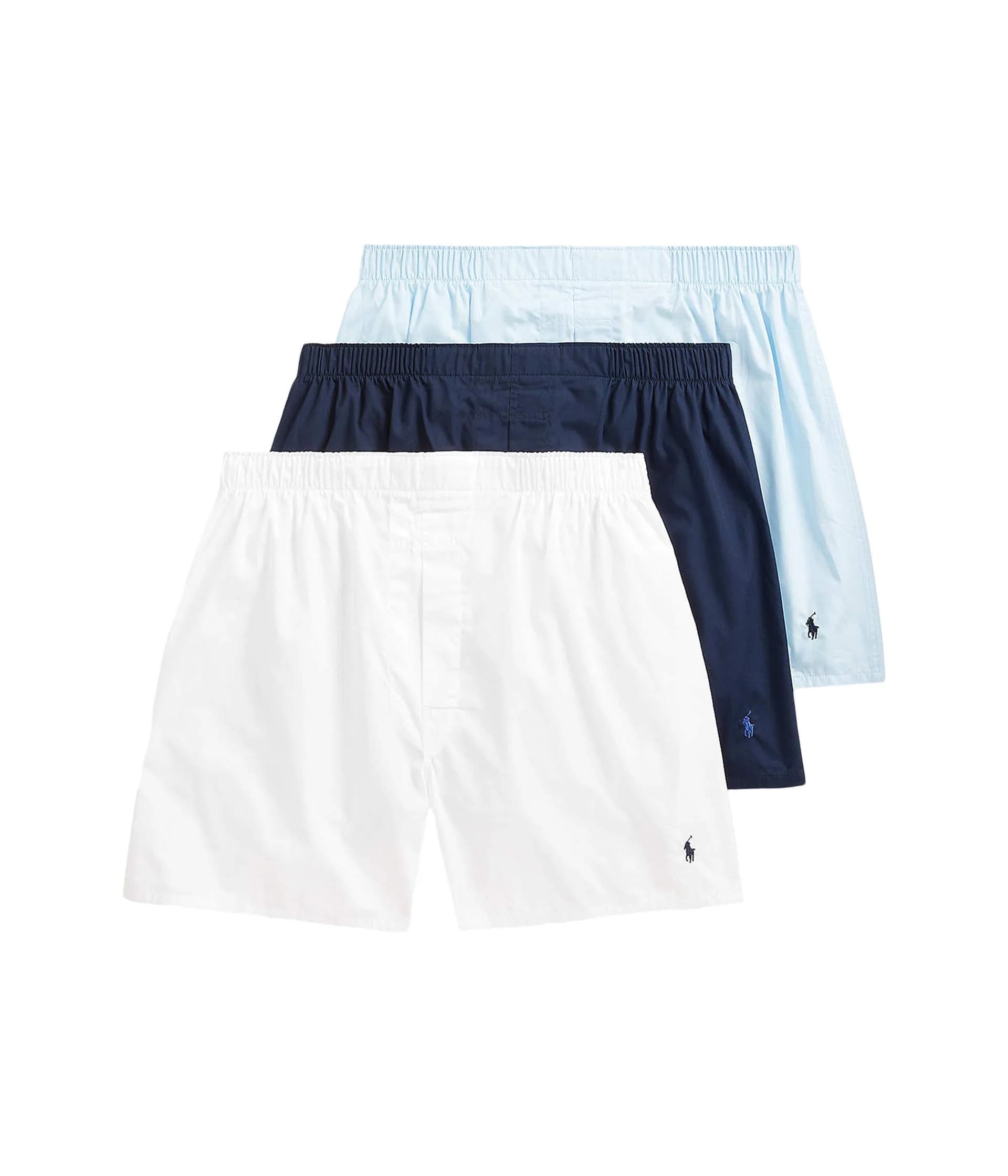Polo Ralph Lauren Classic Fit Cotton Woven Boxers 3-Pack Large | Breathable Comfort for Indian Climate — White/Navy, Light Blue/Navy, Navy/Royal
