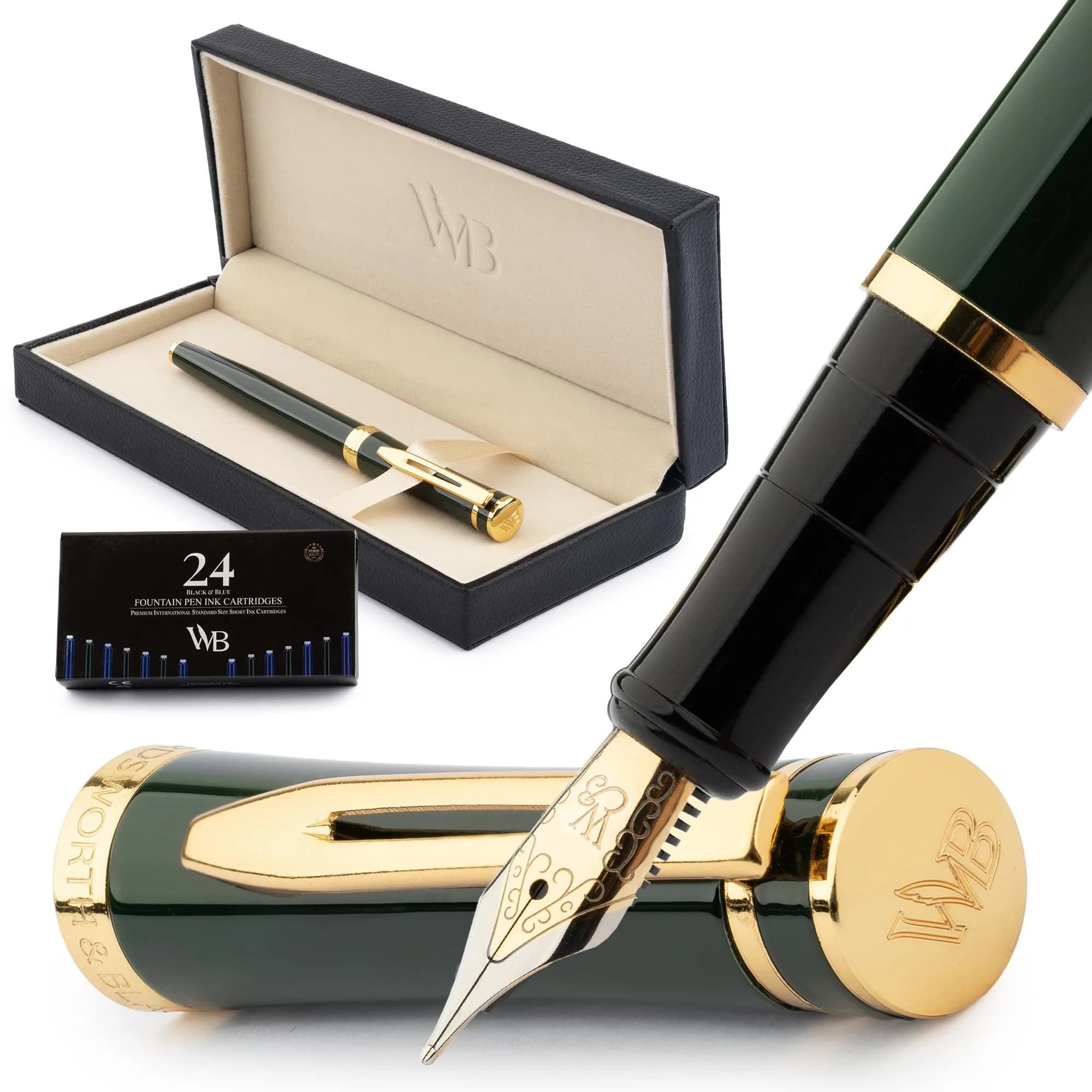 Wordsworth & Black Luxury Fountain Pen Set Medium Nib Black Chrome | German Iridium Nib, Brass Body, 24 Ink Cartridges, Leather Gift Box — Racing Green / Medium Nib