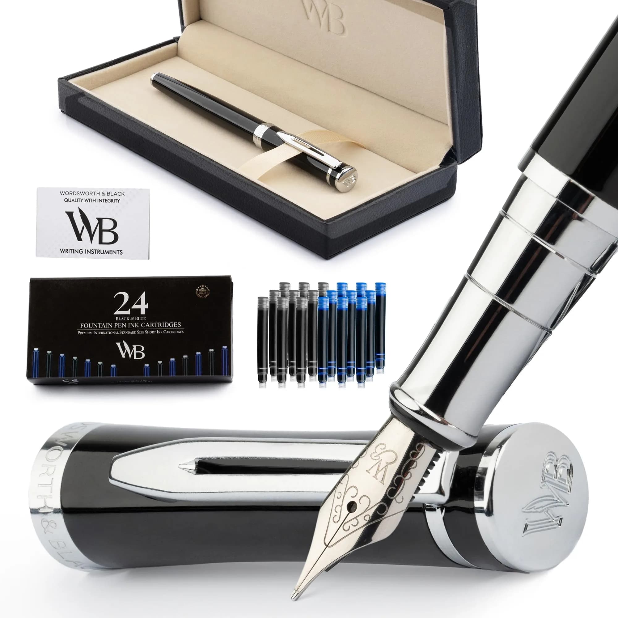 Wordsworth & Black Luxury Fountain Pen Set Medium Nib Black Chrome | German Iridium Nib, Brass Body, 24 Ink Cartridges, Leather Gift Box — Black Chrome