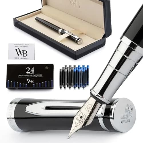 Wordsworth & Black Luxury Fountain Pen Set Medium Nib Black Chrome | German Iridium Nib, Brass Body, 24 Ink Cartridges, Leather Gift Box thumbnail 1