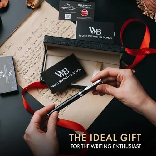 Wordsworth & Black Luxury Fountain Pen Set Medium Nib Black Chrome | German Iridium Nib, Brass Body, 24 Ink Cartridges, Leather Gift Box thumbnail 3