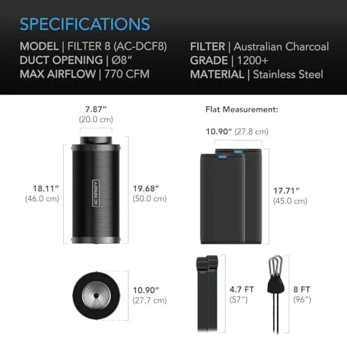 AC Infinity Air Carbon Filter 8" (20" L x 10.94" W) with Australian RC412 Charcoal | 770 CFM Airflow thumbnail 7