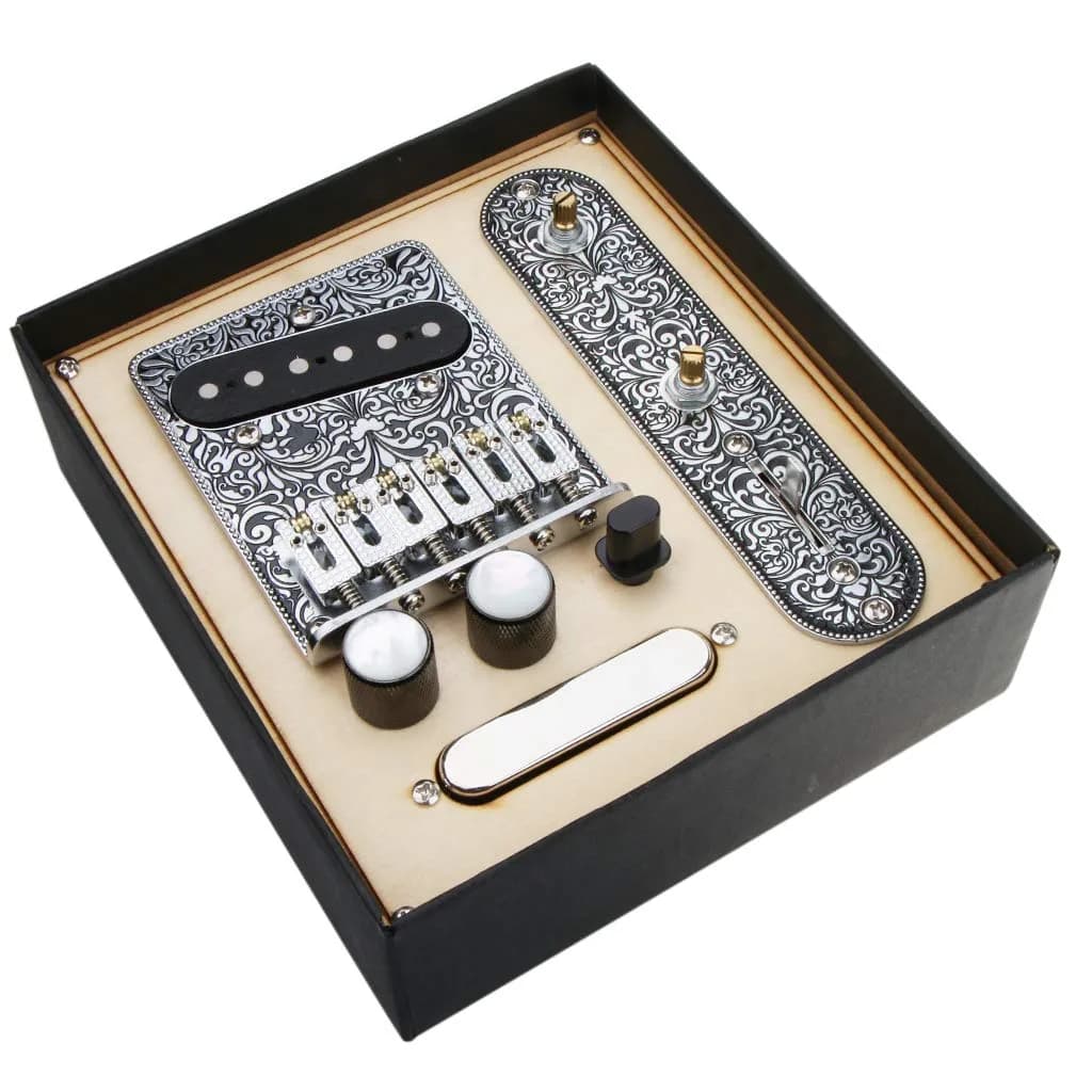Alnicov 6 Strings Saddle Bridge Plate, 3 Way Switch Control Plate, Neck Pickup Set for Fender Telecaster Electric Guitars Replacement Parts (Black) | Guitar Hardware Kit — Silver