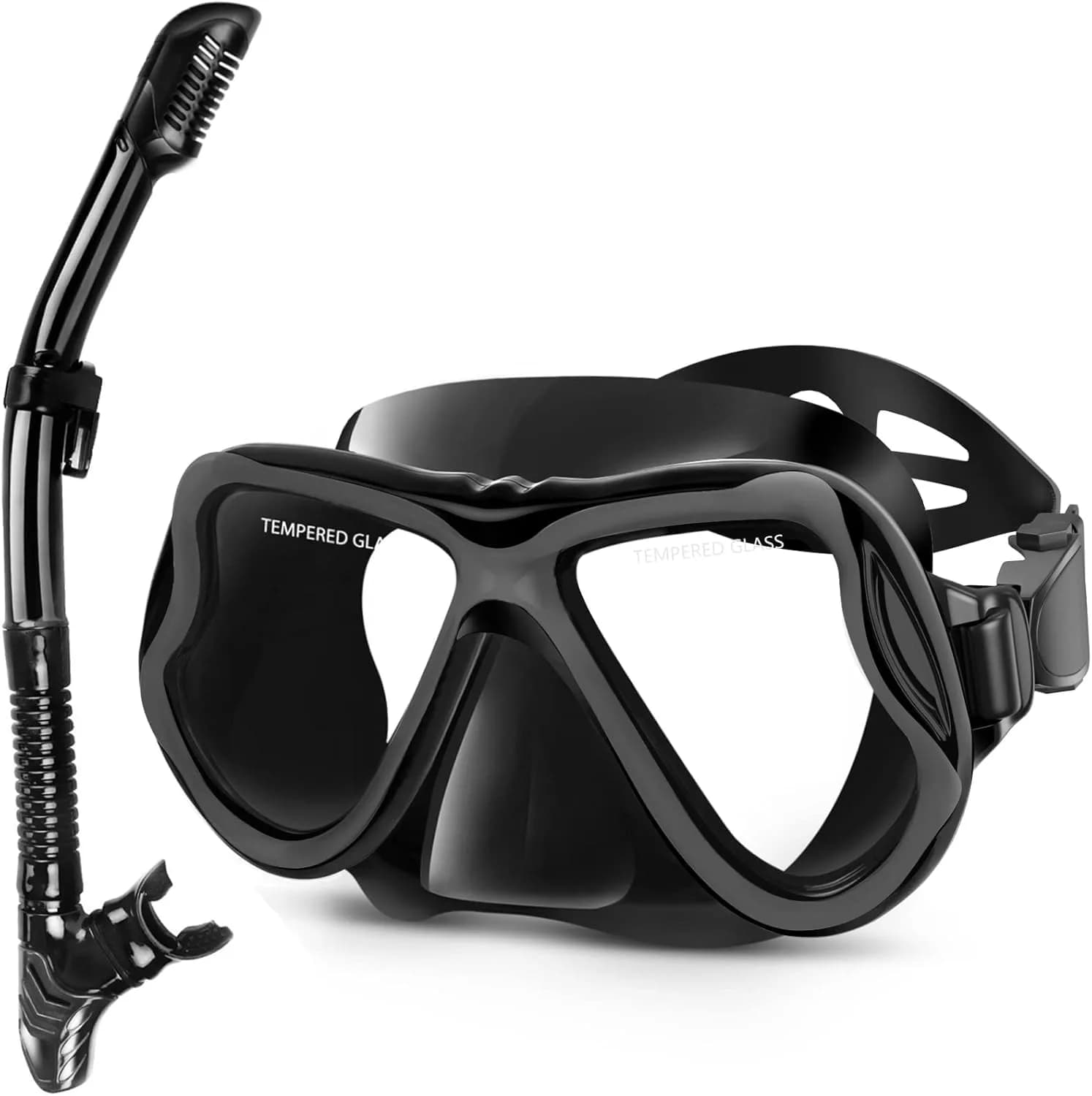 Greatever Snorkeling Gear for Adults Kids | Dry Snorkel Mask Set Anti-Fog with Panoramic View — Black / Large