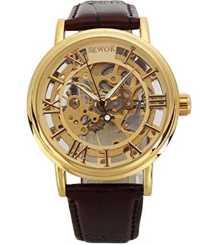 SEWOR Men's Mechanical Skeleton Watch 41mm (Gold) | Vintage Style Leather Strap thumbnail 1