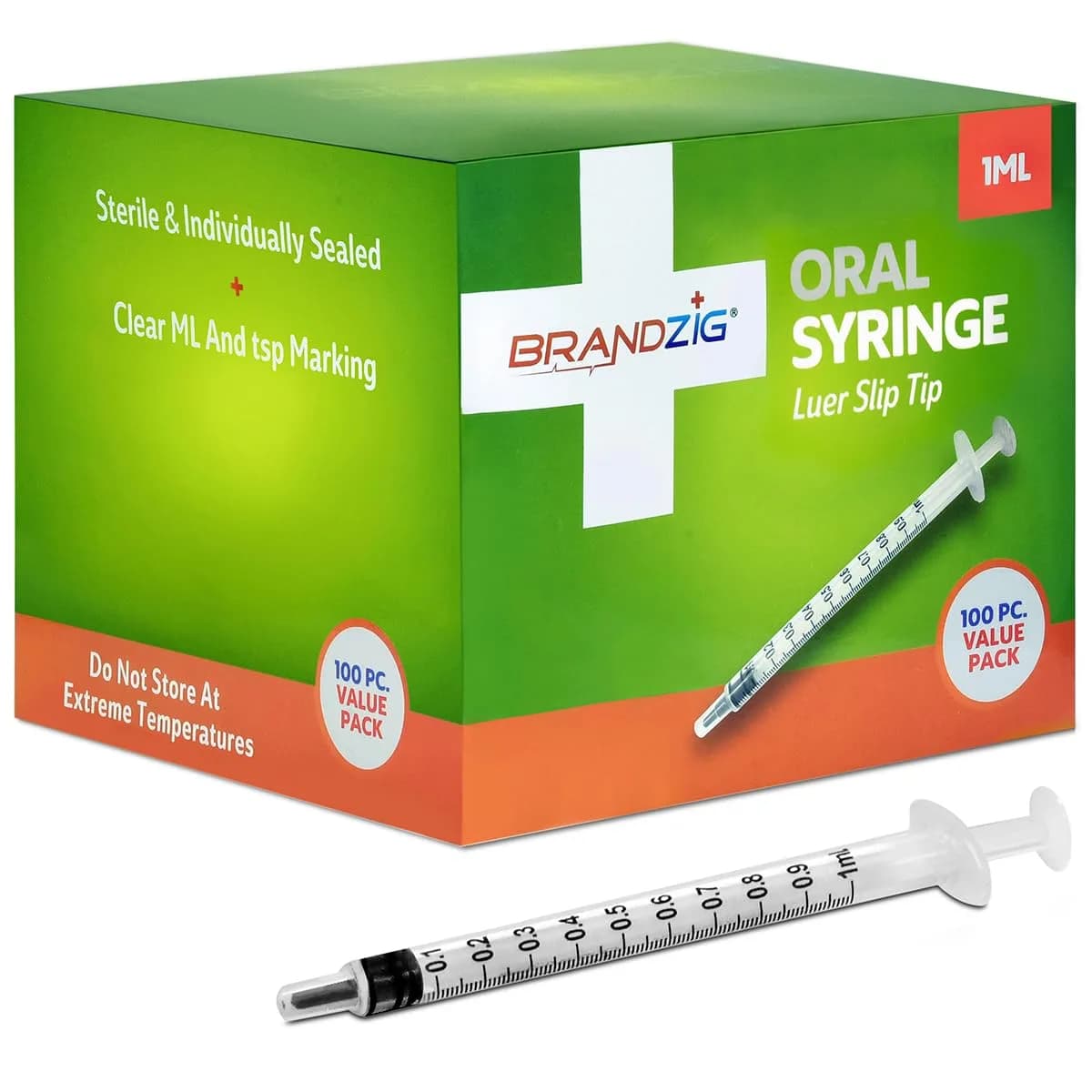 BRANDZIG 1ml Oral Syringe 100 Count | Sterile Luer Slip Tip for Infants, Toddlers, Pets - main product image