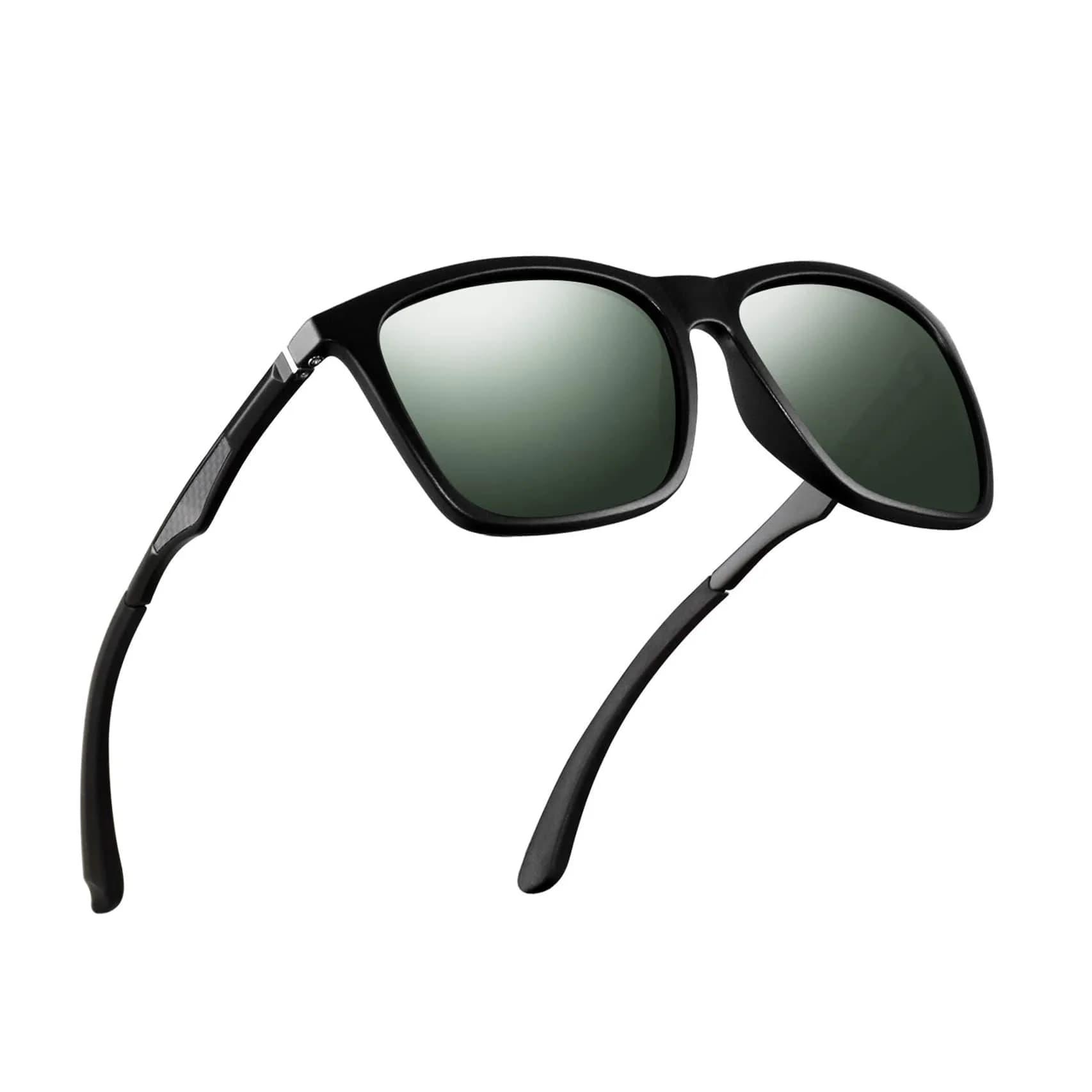 monrich Polarized Rectangular Sunglasses for Men, Aluminum-Magnesium Frame 59mm (2.32 in) | UV400 Protection — Green Lens/Matte Black Frame