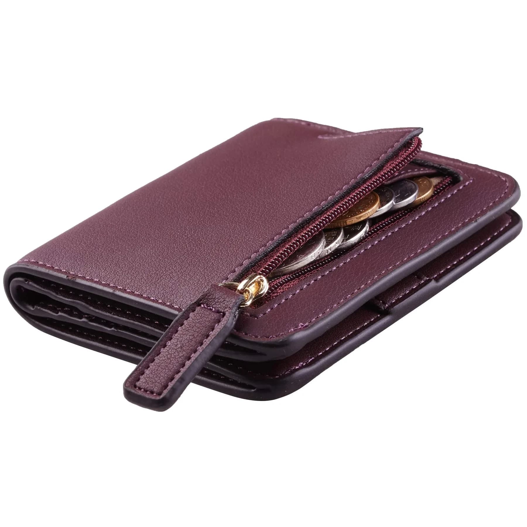 Toughergun Women's Slim Leather Wallet - Rich Red Wine Colour, RFID Protection, Compact Bifold Mini Purse