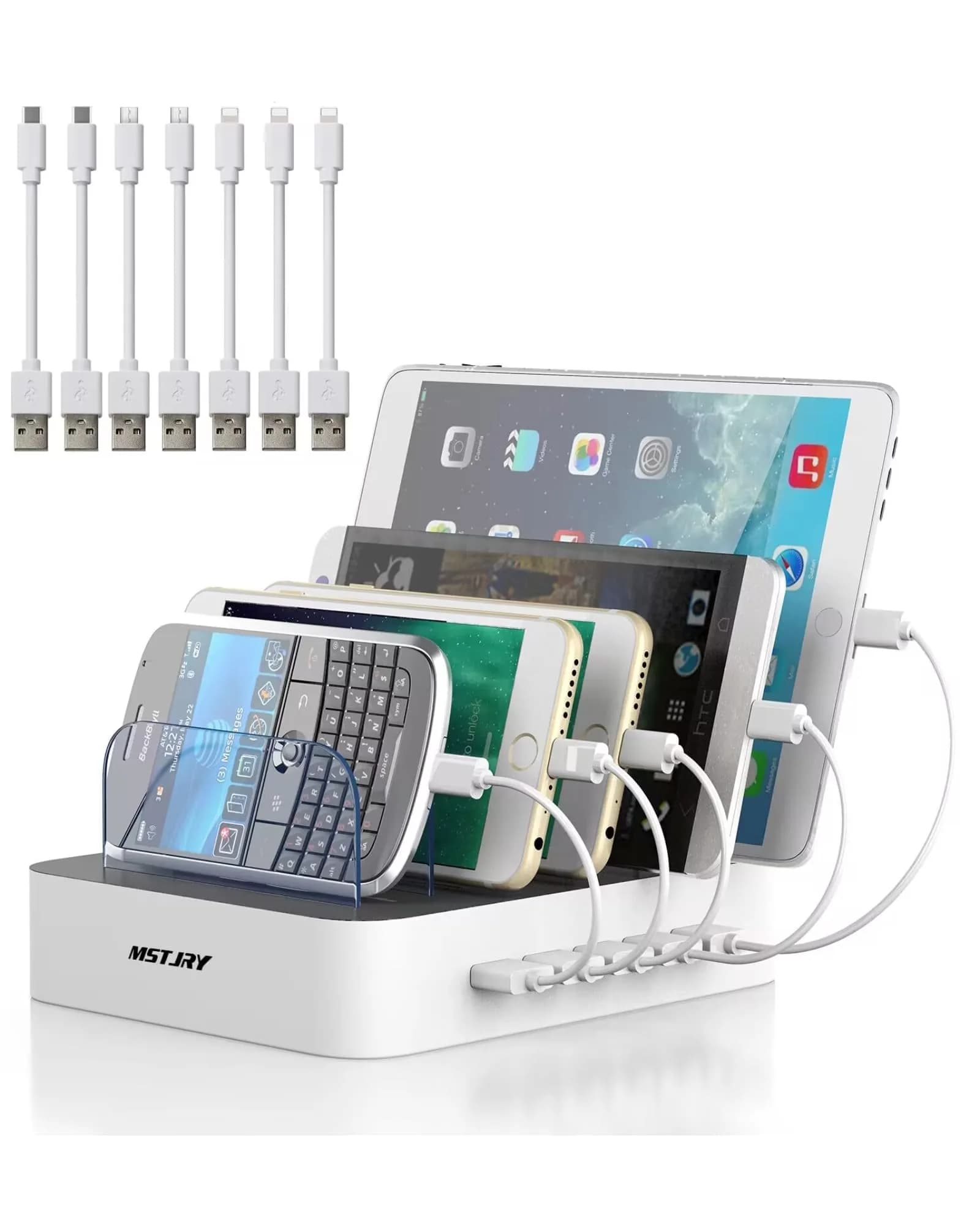 MSTJRY 5-Port USB-A Charging Station with 7 Cables | Charges 5 Devices Simultaneously, Organizes Cables