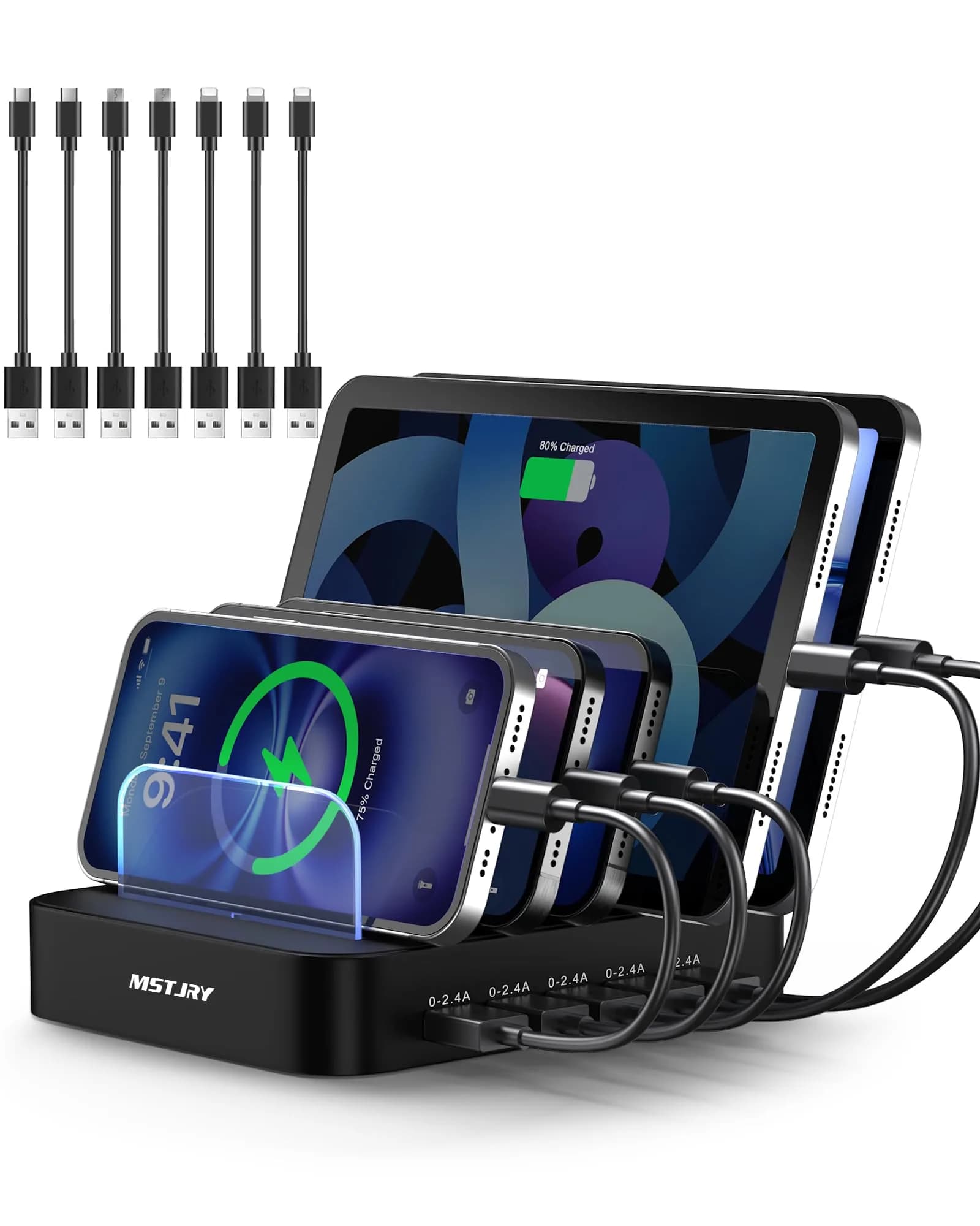 MSTJRY 5-Port USB-A Charging Station with 7 Cables, Black | 50W Fast Charging Dock for Phones & Tablets