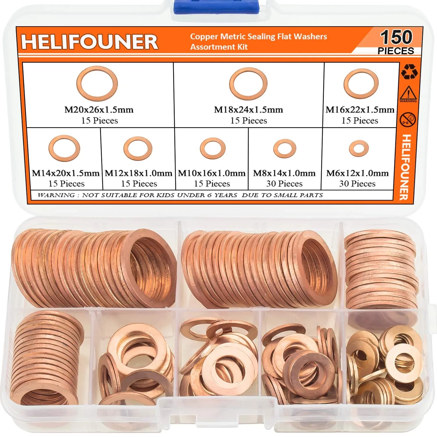 HELIFOUNER M16x22x1.5mm Copper Washers 50 Pieces | Sealing & High Heat Resistance — Assorted (8 Sizes)