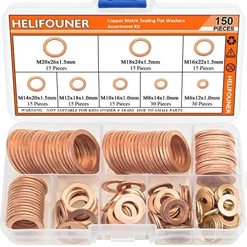 HELIFOUNER Copper Metric Sealing Washers Assortment Kit 150 PCS (M6-M20) | Corrosion Resistant Flat Washers for Electrical & Automotive thumbnail 1