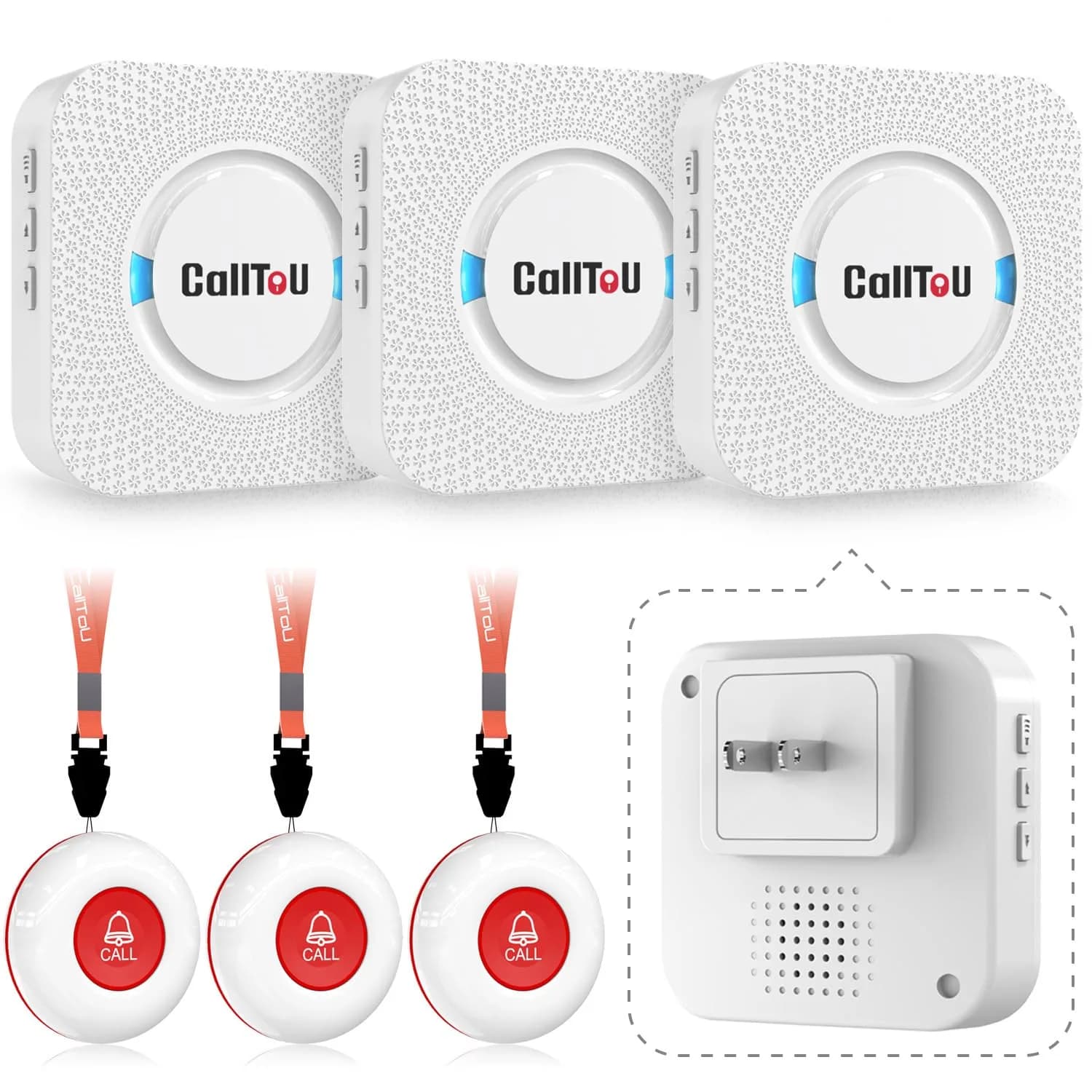 CallToU Wireless Caregiver Pager 2 Call Buttons+1 Receiver | Reliable Whole-Home Alerts — White 3+3